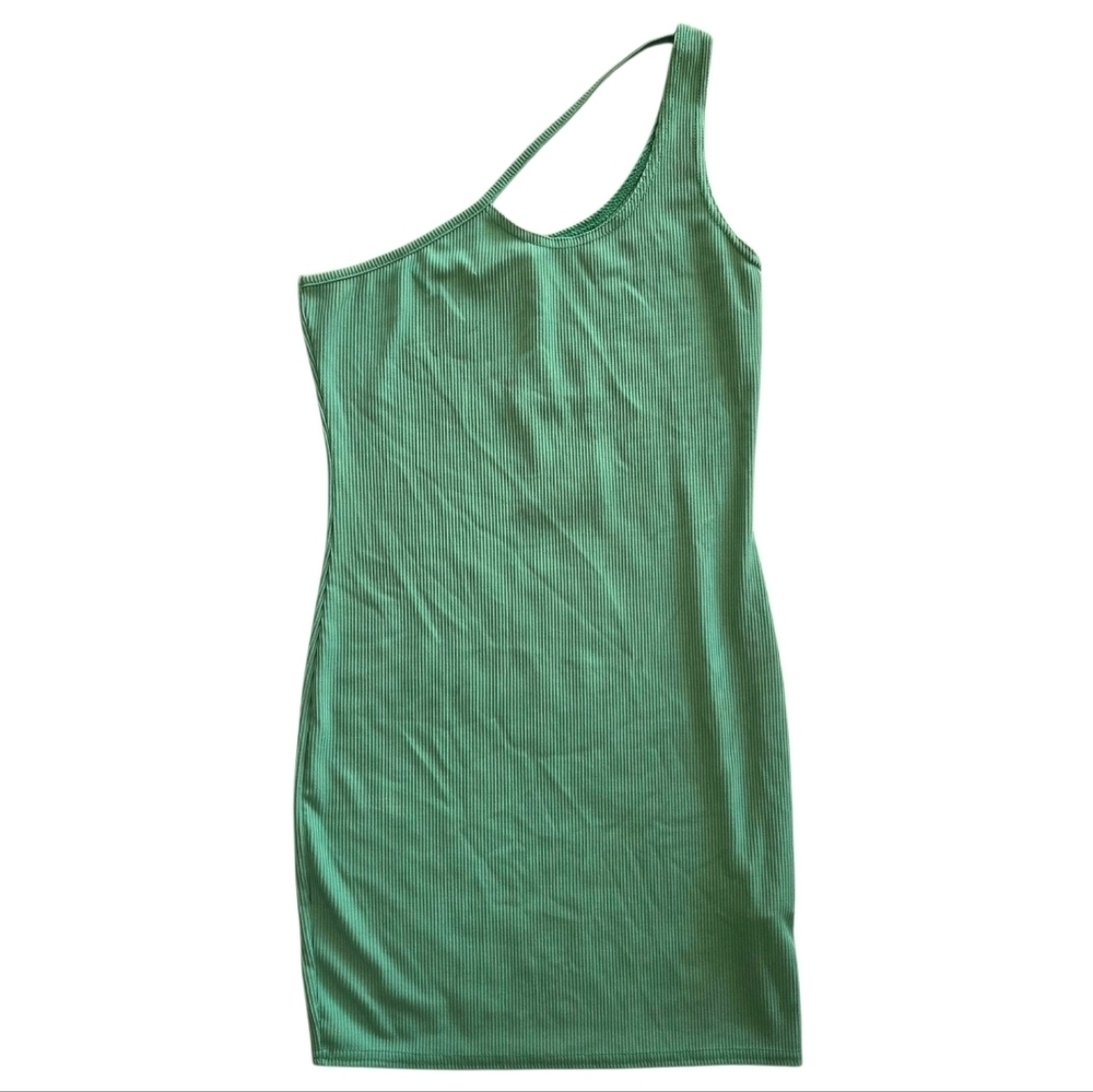 NWT Pretty Little Thing Green Ribbed Bodycon One Shoulder Mini Dress Size US 8